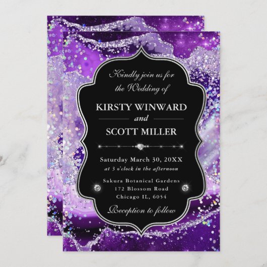 Elegant Glitter Agate Purple & Silver Wedding 招待状 (正面/裏面)