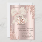 Elegant Glitter Drips Pink Bow Rose Gold Sweet 16  招待状 (正面)