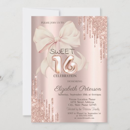 Elegant Glitter Drips Pink Bow Rose Gold Sweet 16 招待状 (正面)