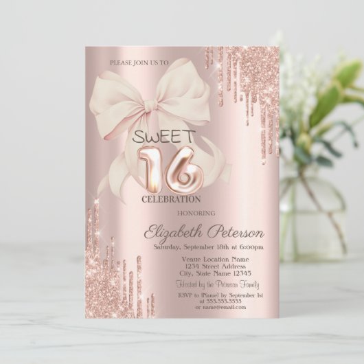Elegant Glitter Drips Pink Bow Rose Gold Sweet 16  招待状 (スタンド正面)