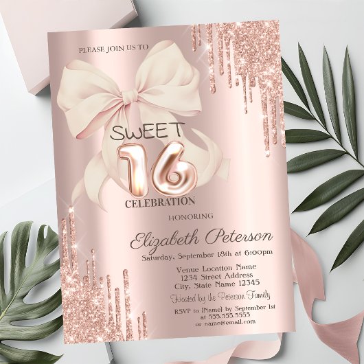 Elegant Glitter Drips Pink Bow Rose Gold Sweet 16  招待状