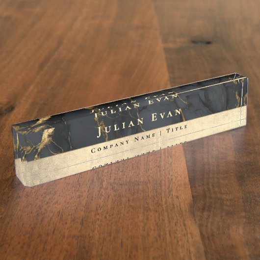 Elegant Glitter Gold Luxe Black Agate Marble デスクネームプレート (側面)