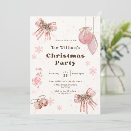 Elegant Glitter Pink Coquette Christmas Party 招待状 (スタンド正面)