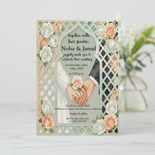 Elegant Glitter Roses Arch Romantic Couple Hands 招待状 (スタンド正面)