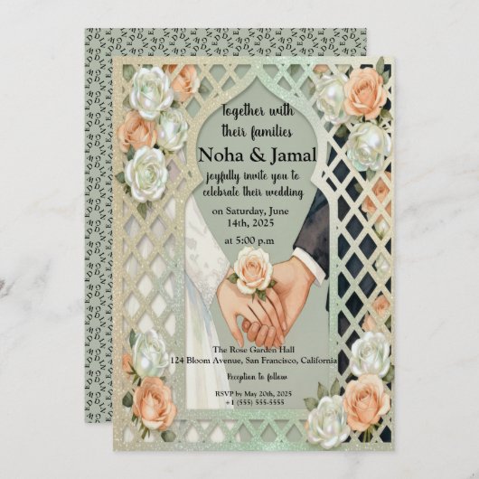 Elegant Glitter Roses Arch Romantic Couple Hands 招待状 (正面/裏面)