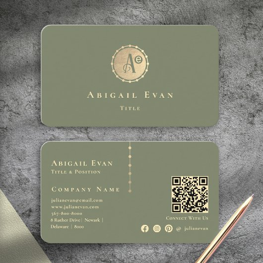 Elegant Glitter Vintage Gold Monogram Sage Green 名刺