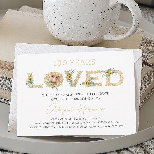 Elegant Gold 100 Years Loved Photo Birthday Party 招待状