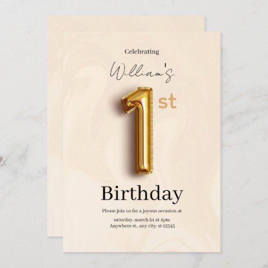 Elegant Gold 1st Birthday Invite, Minimalist Boy  招待状 (正面/裏面)