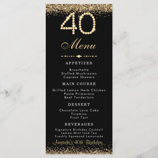 Elegant Gold 40th Birthday Dinner Flat Menu メニュー (正面)