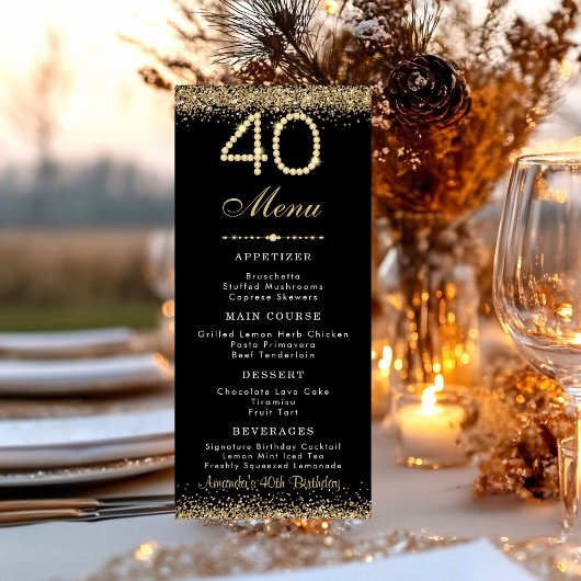 Elegant Gold 40th Birthday Dinner Flat Menu メニュー