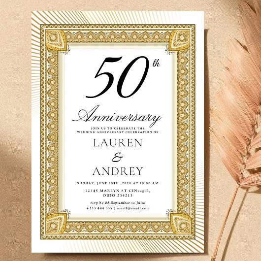 Elegant  Gold 50th Wedding Anniversary 招待状