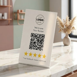 Elegant Gold 5-Star QR Code Review Pedestal Sign 台座サイン