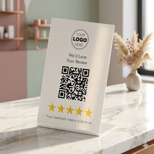 Elegant Gold 5-Star QR Code Review Pedestal Sign 台座サイン
