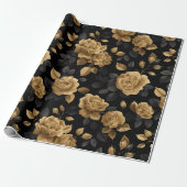 Elegant Gold Accent Rose Black Floral Pattern ラッピングペーパー (アンロールド)