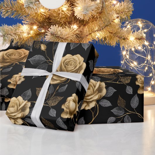 Elegant Gold Accent Rose Black Floral Pattern ラッピングペーパー (クリスマス)