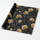 Elegant Gold Accent Rose Black Floral Pattern ラッピングペーパー (アンロールド)