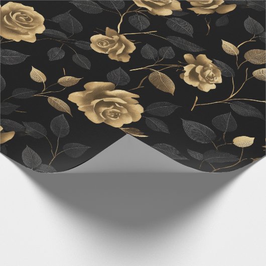 Elegant Gold Accent Rose Black Floral Pattern ラッピングペーパー (角)