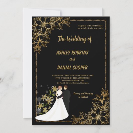 Elegant gold and Black Border floral Wedding  招待状 (正面)