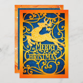 Elegant Gold and Blue Reindeer "Merry Christmas"  シーズンカード (正面/裏面)