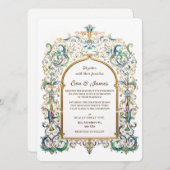 Elegant Gold and Blue Wedding Vintage Flourishes 招待状 (正面/裏面)