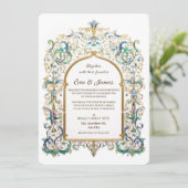 Elegant Gold and Blue Wedding Vintage Flourishes 招待状 (スタンド正面)