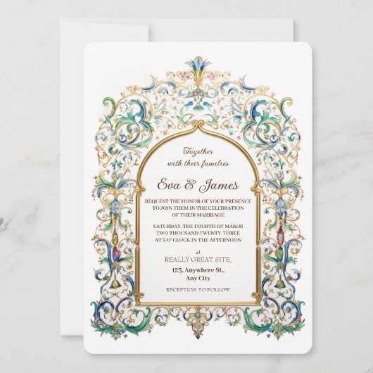 Elegant Gold and Blue Wedding Vintage Flourishes 招待状 (正面)