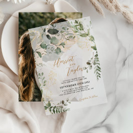 Elegant Gold and Greenery Eucalyptus Wedding ベラム紙招待状