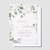 Elegant Gold and Greenery Eucalyptus Wedding ベラム紙招待状 (オフセット)