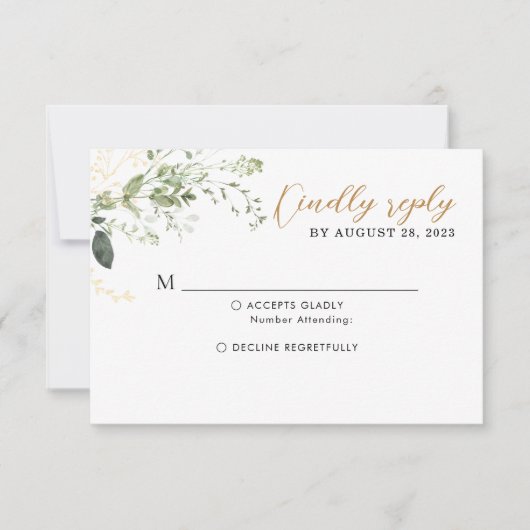 Elegant Gold and Greenery Eucalyptus Wedding  出欠カード (正面)