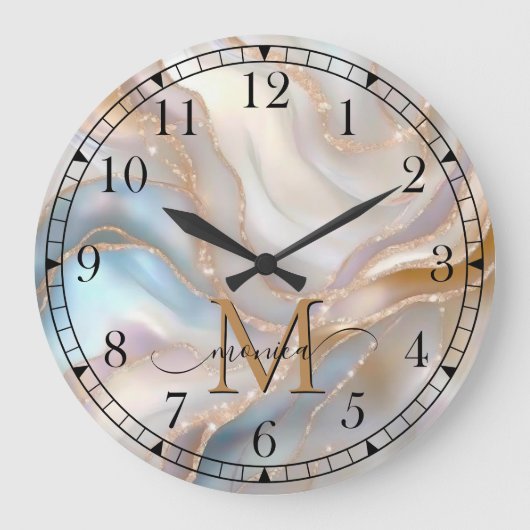 Elegant Gold and Nacre Monogram Name Personalized ラージ壁時計 (正面)