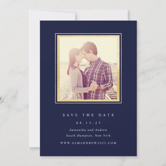 Elegant Gold and Navy Photo Save The Date セーブザデート (正面)
