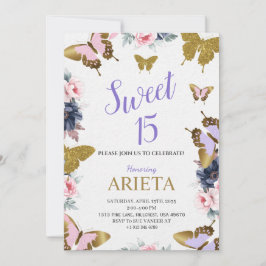 Elegant gold and pink butterfly birthday 招待状