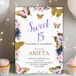 Elegant gold and pink butterfly birthday invitatio 招待状