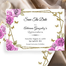 Elegant Gold and Pink Roses Quinceanera セーブザデート