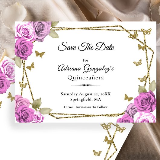 Elegant Gold and Pink Roses Quinceanera セーブザデート