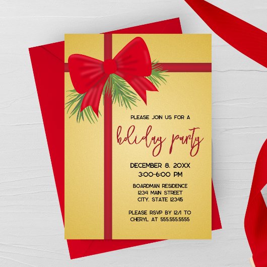 Elegant Gold and Red Bow Holiday Party Invitation 招待状