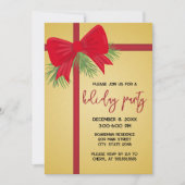 Elegant Gold and Red Bow Holiday Party Invitation 招待状 (正面)