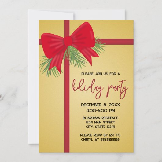 Elegant Gold and Red Bow Holiday Party Invitation 招待状 (正面)
