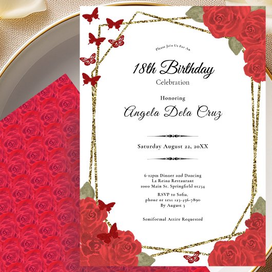 Elegant Gold and Red Roses 18th Birthday Debut 招待状