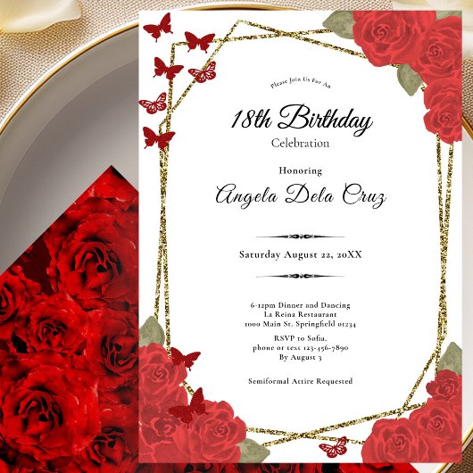 Elegant Gold and Red Roses 18th Birthday Debut 招待状