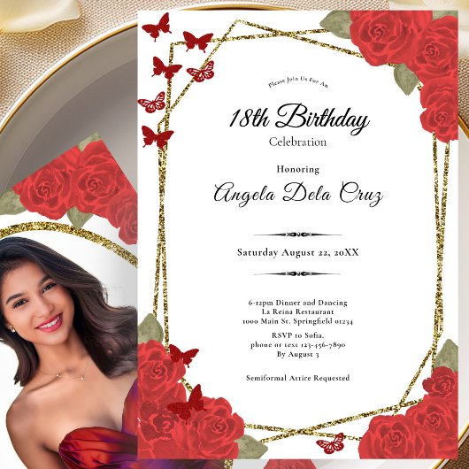 Elegant Gold and Red Roses 18th Birthday Debut 招待状
