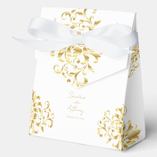 Elegant Gold and White Damask Wedding フェイバーボックス (正面)