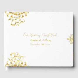 Elegant Gold and White Damask Wedding Guest Book ゲストブック