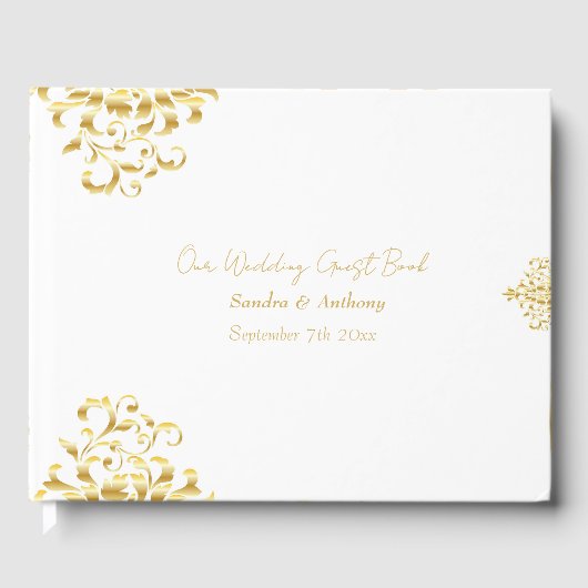 Elegant Gold and White Damask Wedding Guest Book ゲストブック (正面)