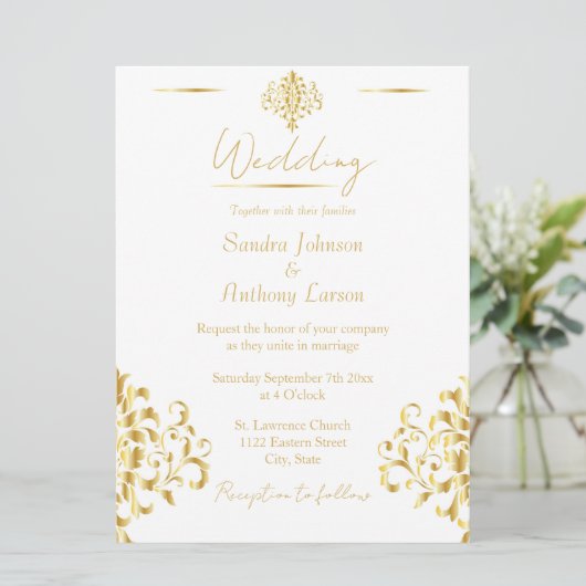 Elegant Gold and White Damask Wedding Invitation 招待状 (スタンド正面)