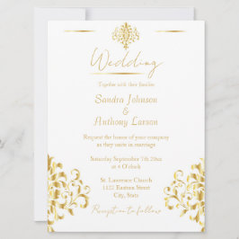 Elegant Gold and White Damask Wedding Invitation 招待状