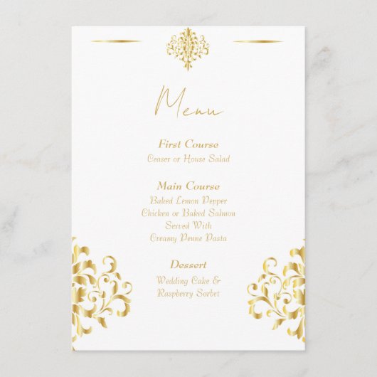 Elegant Gold and White Damask Wedding Menu メニュー (正面)