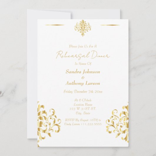 Elegant Gold and White Damask Wedding Rehearsal 招待状 (正面)