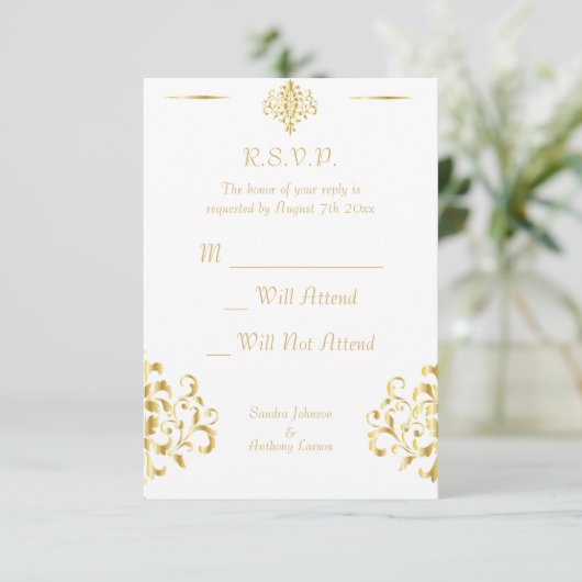 Elegant Gold and White Damask Wedding RSVP (スタンド正面)
