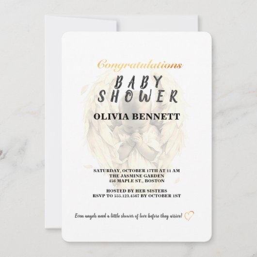 Elegant Gold Angel Baby Shower Invitation 招待状 (正面)
